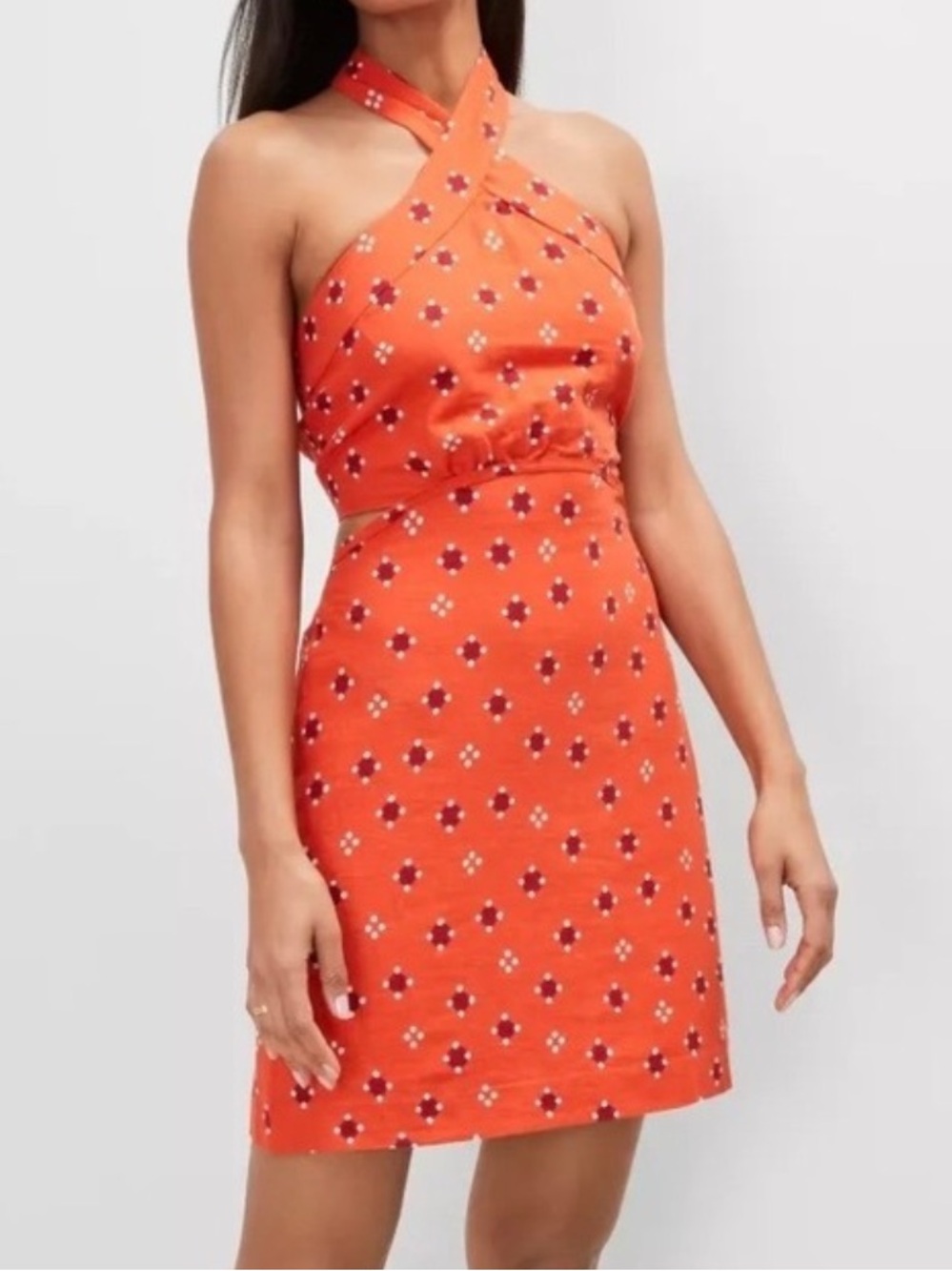 Ann Taylor Women 12 Orange Geo Print Linen Blend Mini Halter Sheath Dress NWOT